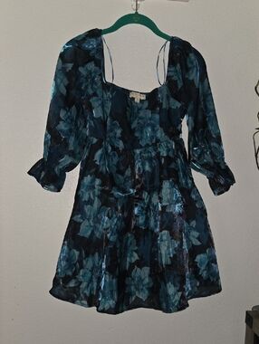 Teal Floral Mini Dress with Puff Sleeves